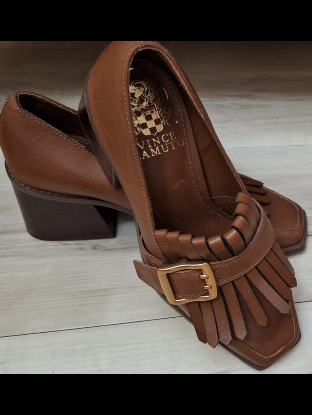 Vince Camuto Chestnut Brown Leather Fringe Buckle Block Heel